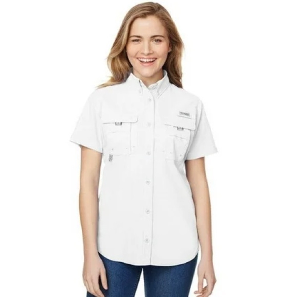 New! Columbia Plus Size PFG Bahama Short Sleeve Shirt- White, Size 1X, UPF 50
